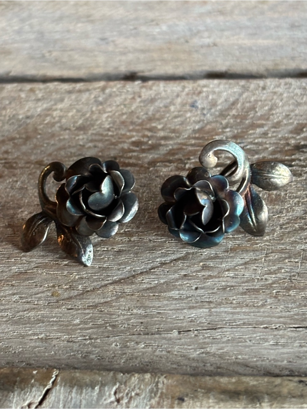 Vintage Sterling Silver Rose Screw Back Earrings